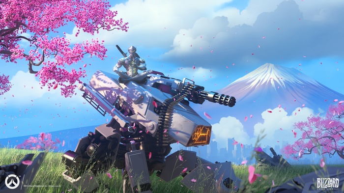 Genji on a mech with Mount Fuji in the background