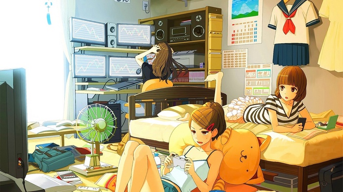 Anime girls in a messy room with computers and beds