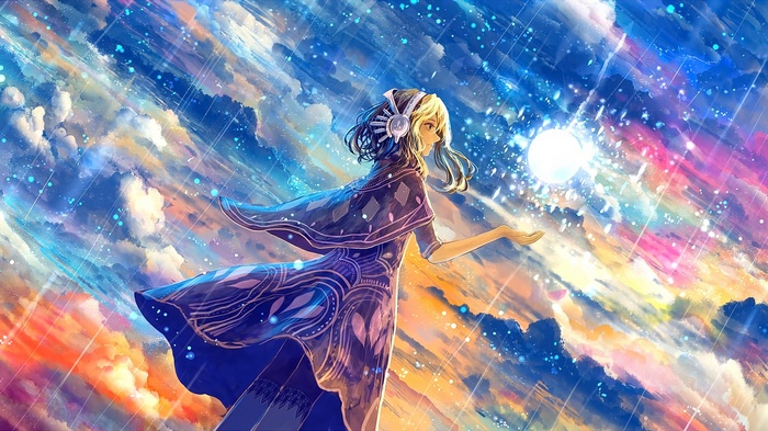 Anime girl with headphones holding a glowing orb