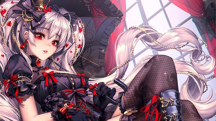 Anime girl with white hair and red eyes holding umbrella