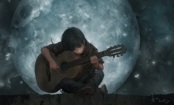 Child playing guitar under a large moon
