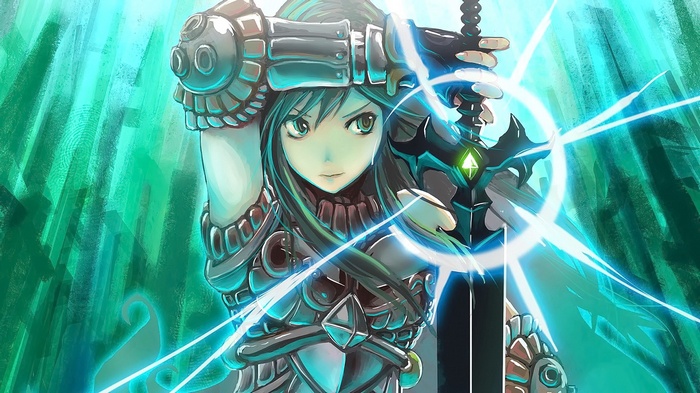 Anime girl in armor holding a glowing sword