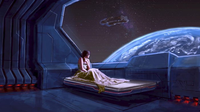 Woman on bed looking at Earth from spaceship