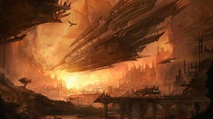 Science fiction city with flying vehicles and large structures