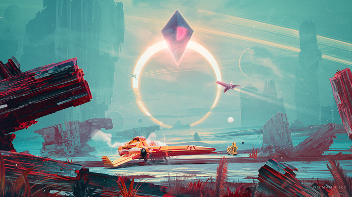 No Man's Sky alien planet with ships and ruins