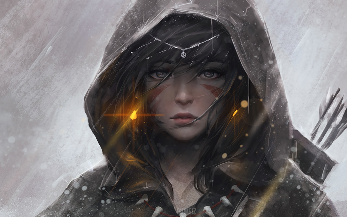 fantasy art, digital art, archer, original characters, GUWEIZ, anime girls, bow and arrow, hoods