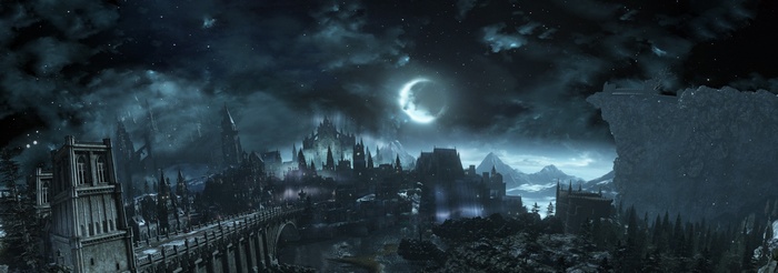 Dark Souls III Irithyll Castle at Night under a Crescent Moon