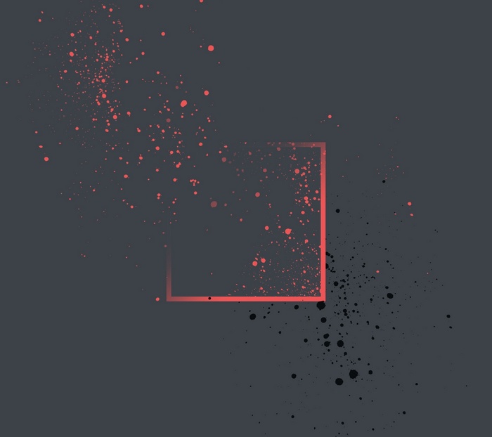 Abstract paint splatter with a red square frame