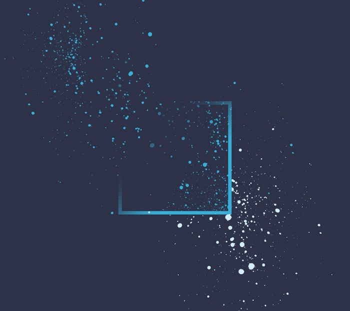 Abstract blue and white particles with a square frame
