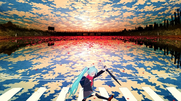 Hatsune Miku walking across a crosswalk with an umbrella