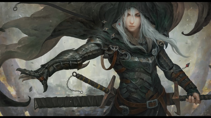 Fantasy warrior with white hair and sword