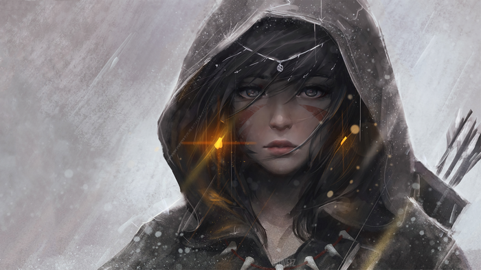anime girls, GUWEIZ, hoods, fantasy art, digital art, original characters, bow and arrow, archer