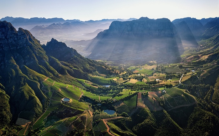 Aerial view of mountains and vineyards in South Africa