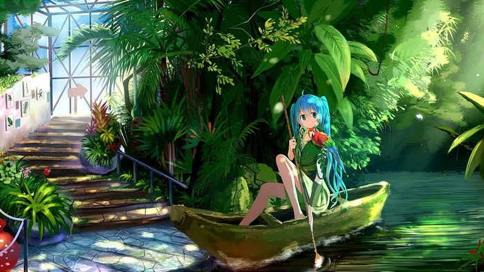 Anime girl with aqua hair in a boat in a greenhouse