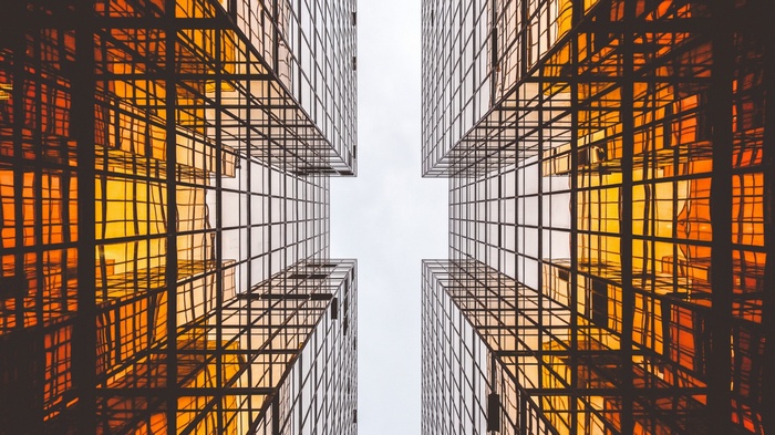 Modern glass skyscrapers viewed from below
