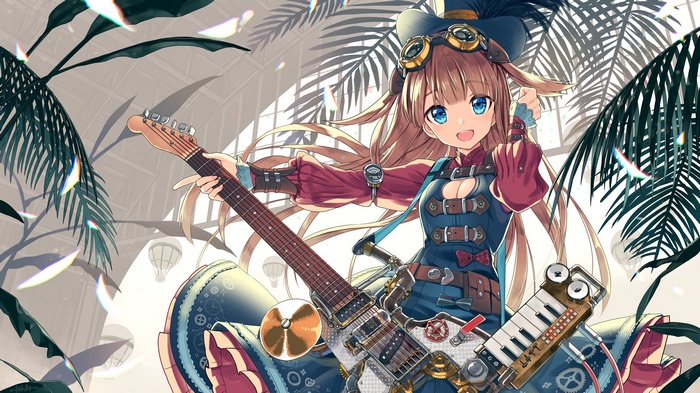 Anime girl with steampunk guitar and keyboard