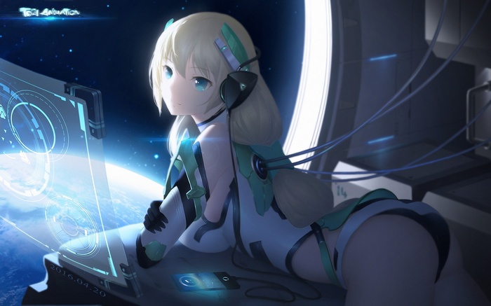 Angela Balzac in a futuristic suit with headphones