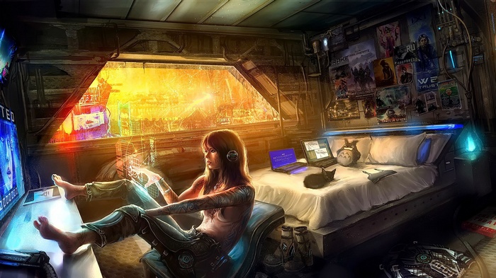 Cyberpunk girl with headphones in a futuristic room