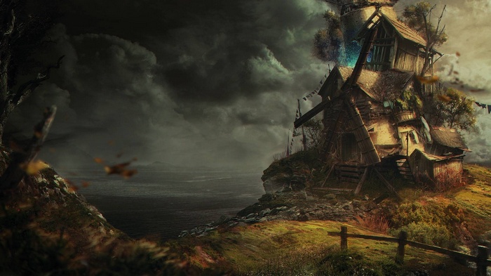Fantasy art of a crooked house on a cliff