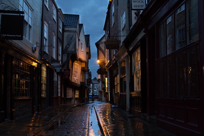 Shambles street in York at dusk