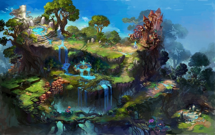 Fantasy landscape with waterfalls and a castle