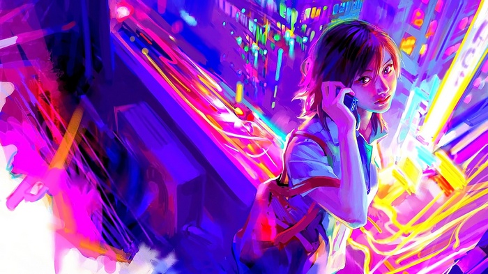 Anime girl with short hair on phone in neon city