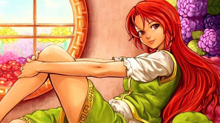 Anime girl with long red hair and green dress
