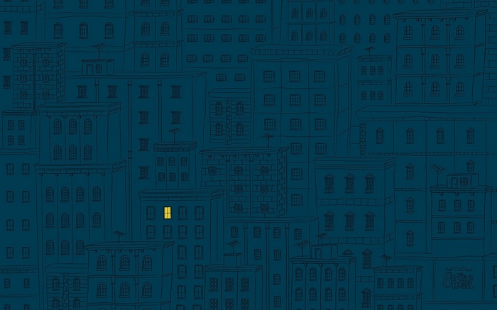 Blue city skyline with one lit window