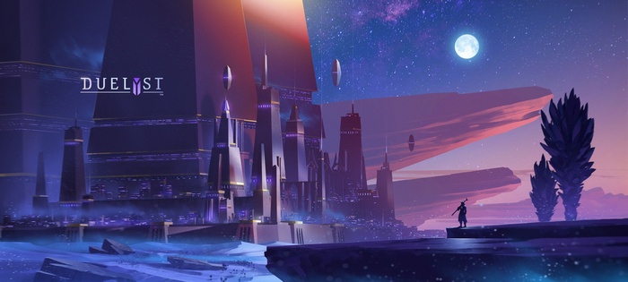 Duelyst concept art of a futuristic city at night