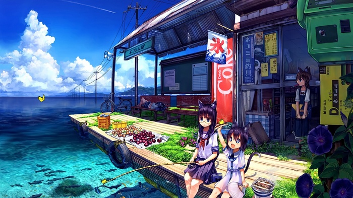 Anime girls fishing at a seaside station with Coca-Cola.