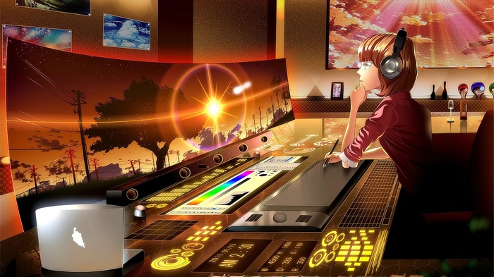 Anime girl with headphones at a futuristic workstation