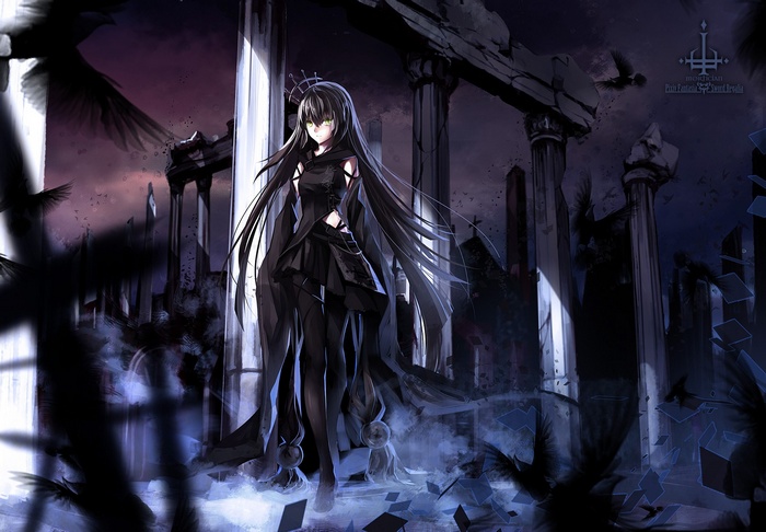 Anime Girl in Black Dress in Ruins with Birds