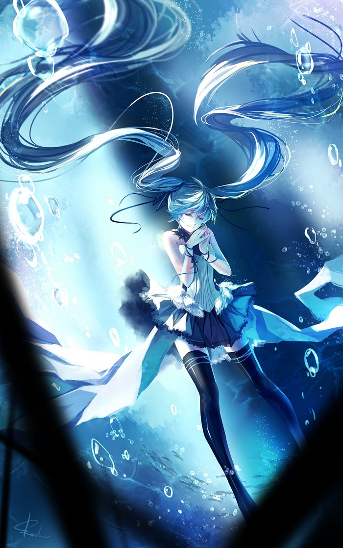Hatsune Miku underwater with bubbles and fish