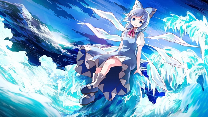 Cirno from Touhou sitting on ice with waves