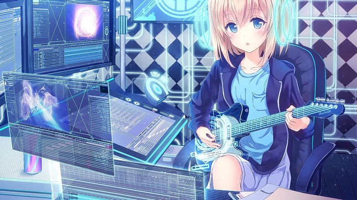 Anime girl with blonde hair playing guitar in a futuristic room