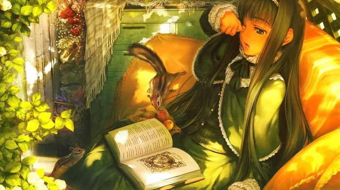 Anime girl with long hair and chipmunks reading a book