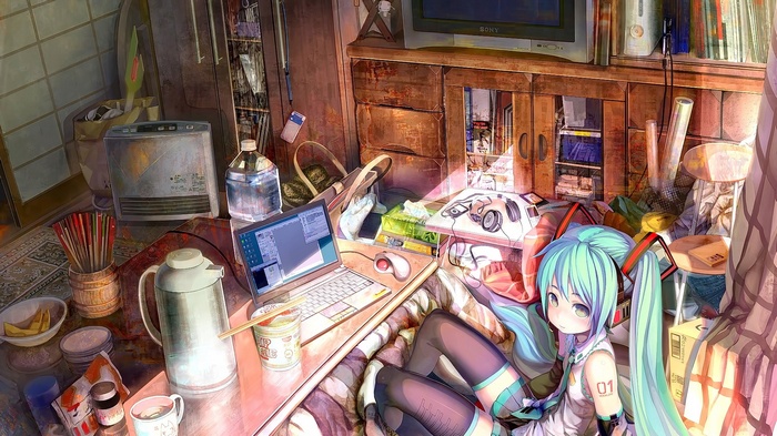 Hatsune Miku, anime girls, room, anime, notebooks, interior, Vocaloid, looking at viewer, Windows XP, bedroom, long hair, computer mice, calm, aqua hair, sitting