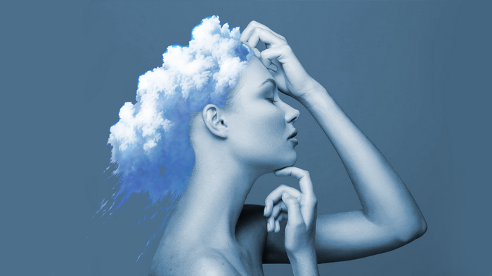 Woman with clouds for hair in profile
