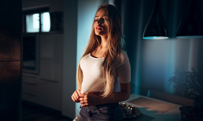 looking into the distance, open mouth, Mary Jane, Ivan Gorokhov, women, long hair, blonde, face, juicy lips, women indoors, white tops, Maria Puchnina, tank top, portrait