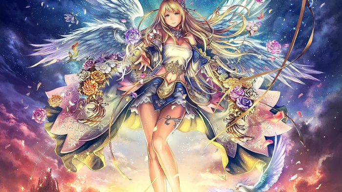 Anime girl with blonde hair and wings surrounded by flowers