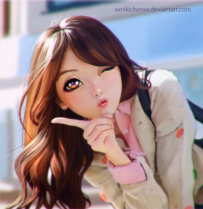 Anime girl winking and puckering lips