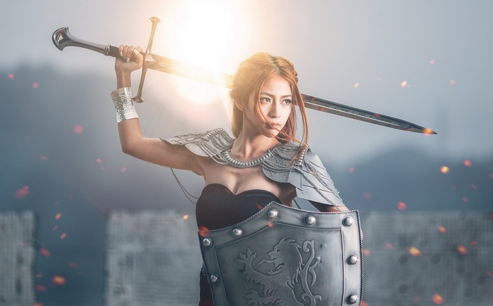 Asian woman warrior with sword and shield