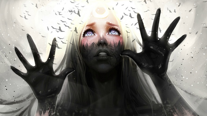 fantasy art, women, Black forest, artwork, dark, crow, Ayya Saparniyazova , face, eyes, abstract, dark fantasy, blonde, digital art, dirt, sad