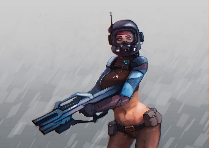Woman in futuristic armor holding a weapon