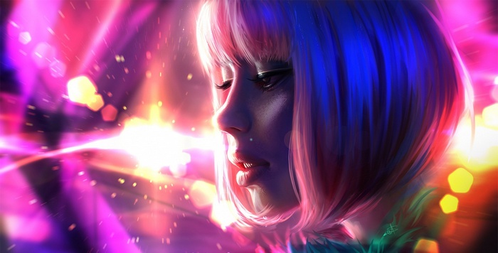 Woman with pink and blue hair in neon lights