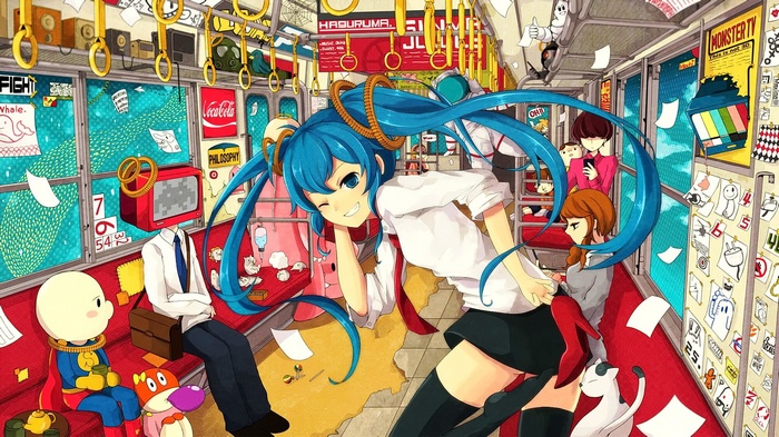 Anime girls on a train with blue hair and wink