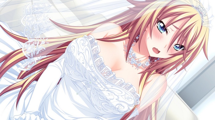Anime girl with blue eyes in a wedding dress
