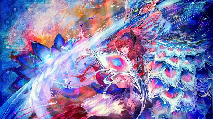 Anime girl with a phoenix-like bird
