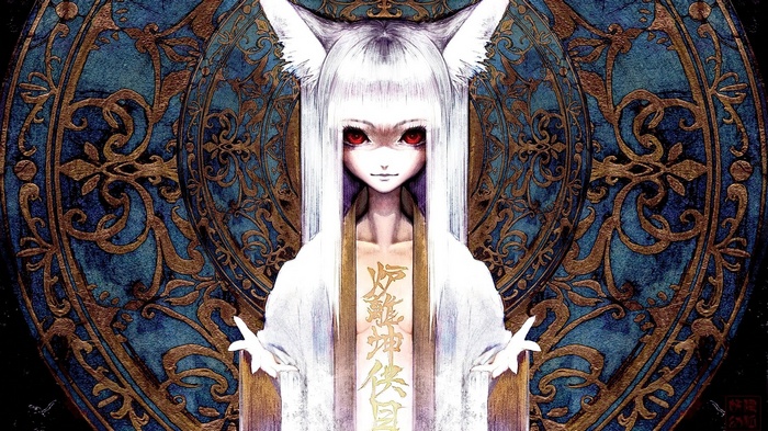 Anime girl with white hair, red eyes, and animal ears