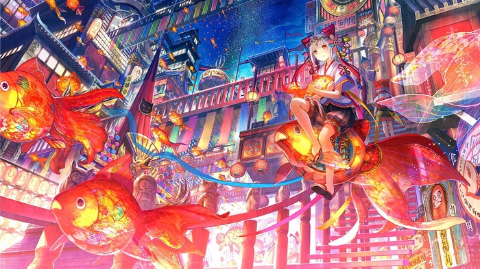 Girl with goldfish in a fantasy Asian city at night